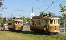 Porto trams near carhouse 2005.jpg